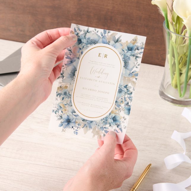 Invitations En Vélin Mariage à fleurs de printemps bleu bleu marine Dus (Ordinateur de poche)