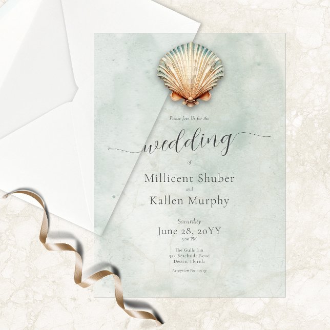 Invitations En Vélin Mariage aquatique moderne Coastal Seashell (Modern Coastal Seashell Aqua Wedding Vellum Invitation)