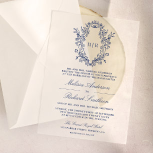 Invitations En Vélin Mariage au monogramme à crête de chinoiserie bleue