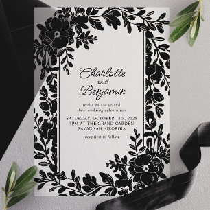 Invitations En Vélin Mariage Cadre de Bordure Florale Élégant Noir