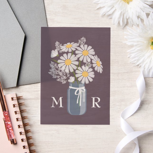 Invitations En Vélin Mariage Daisies Mason Jar Monogramme Initiales Som (Mariage)