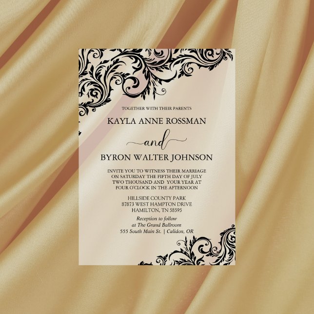 Invitations En Vélin Mariage damassé moderne en noir et blanc (Simple Modern Vellum Black and White Wedding Invitation)