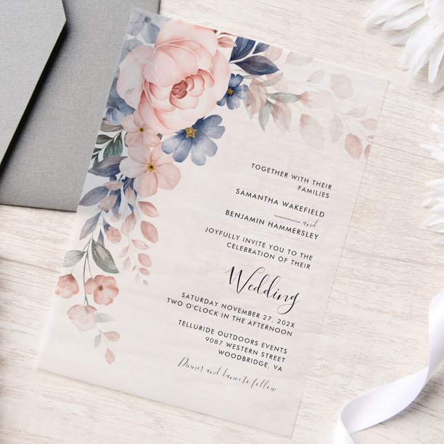 Invitations En Vélin Mariage d'aquarelle à script rose (Blush Pink Floral Wedding Vellum Invitation)