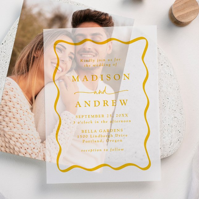 Invitations En Vélin Mariage de cadre moderne Jaune Wavy (Créateur téléchargé)