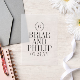 Invitations En Vélin Mariage de monogramme de couronne de laurier noir