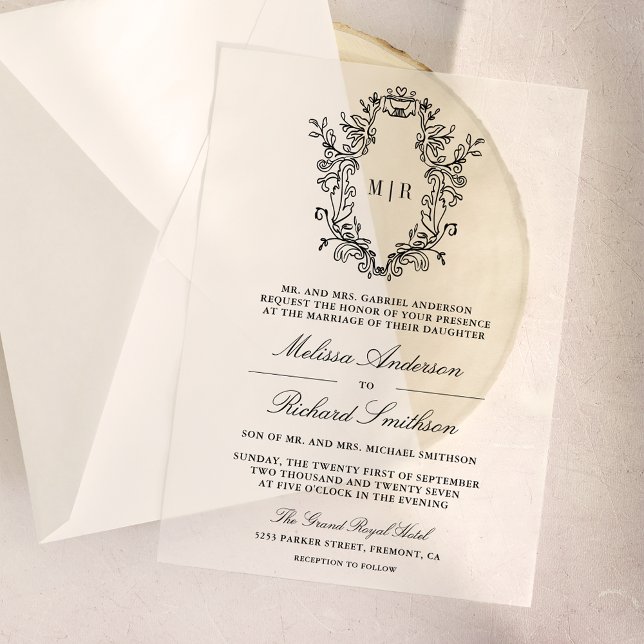 Invitations En Vélin Mariage de monogramme de crête de Chine noire (Créateur téléchargé)