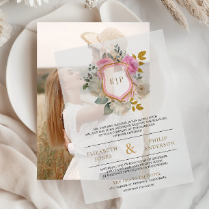 Invitations En Vélin Mariage de monogramme Pastel Pink Floral Crest