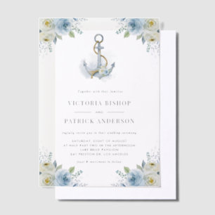 Invitations En Vélin Mariage de style côtier avec ancre florale bleue a