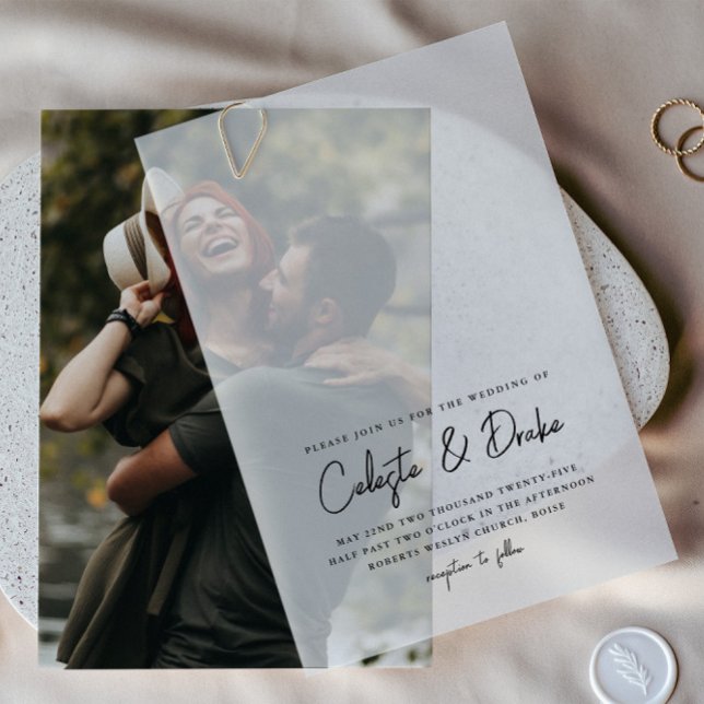 Invitations En Vélin Mariage de superposition photo de script moderne (Modern Handwritten Script Names Vellum Wedding Invitation.)