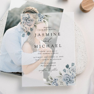 Invitations En Vélin Mariage Élégant aux Fleurs Bleu Poussiéreux