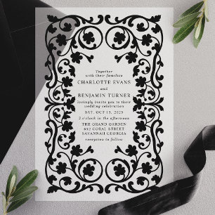 Invitations En Vélin Mariage élégant noir avec cadre floral orné