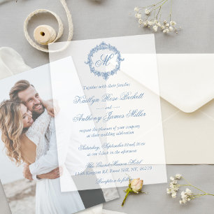 Invitations En Vélin Mariage Élégant Vintage Bleu Toile Monogramme