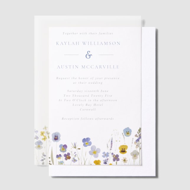 Invitations En Vélin Mariage Fleur sauvage bleu et jaune (Compenser)