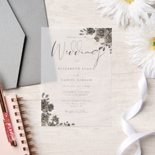 Invitations En Vélin Mariage Fleurs de Roses Gothiques Noir et Or
