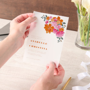 Invitations En Vélin Mariage Floral Aquarelle Rose et Orange Vibrant