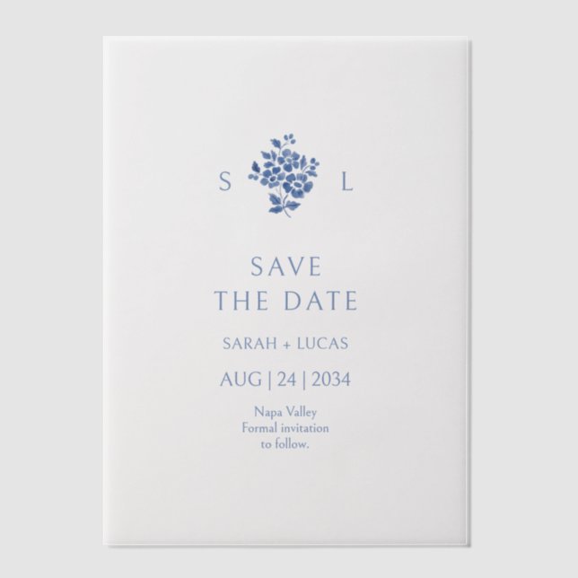 Invitations En Vélin Mariage Floral bleu et blanc (Recto)