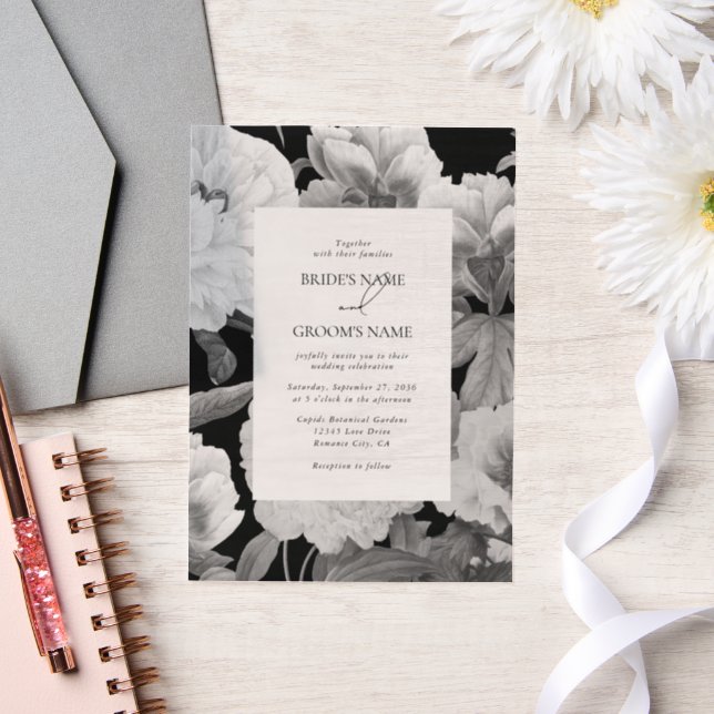 Invitations En Vélin Mariage floral noir et blanc Peonies d'aquarelle (Mariage)