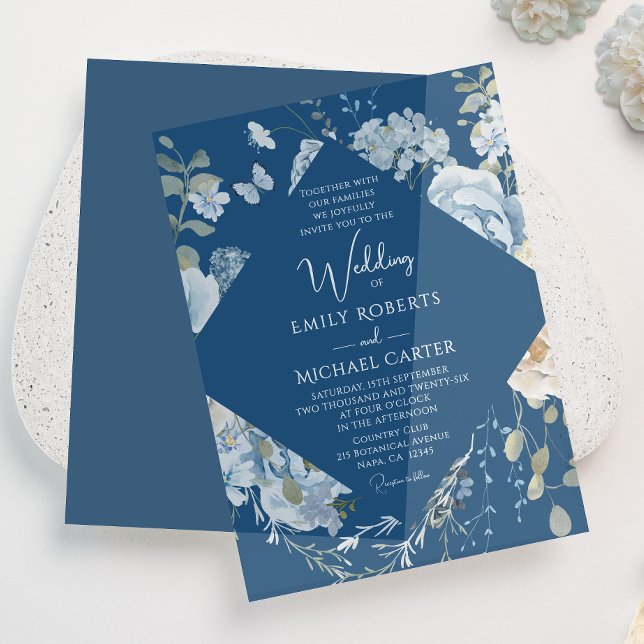 Invitations En Vélin Mariage floral romantique bleu Dusty (Créateur téléchargé)