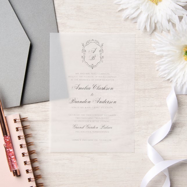 Invitations En Vélin Mariage Formel noir & blanc Floral Monogram Crest (Mariage)