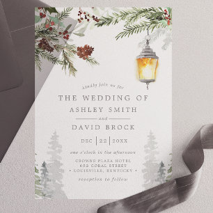 Invitations En Vélin Mariage Lanterne Botanique Pins Rustique Hiver
