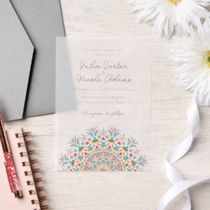 Invitations En Vélin Mariage Mandala Abstrait Bleu Turquoise Rose