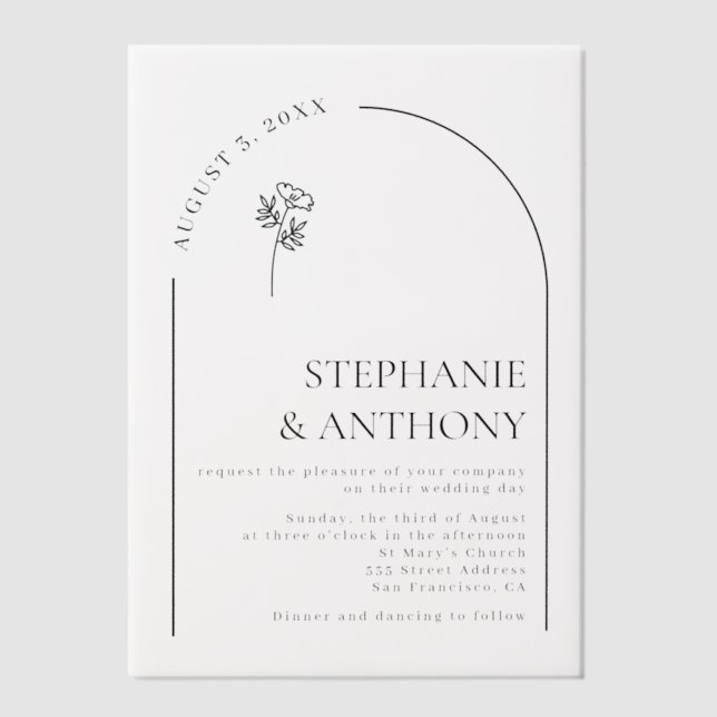 Invitations En Vélin Mariage minimaliste de Fleur sauvage d'arc noir et (Recto)