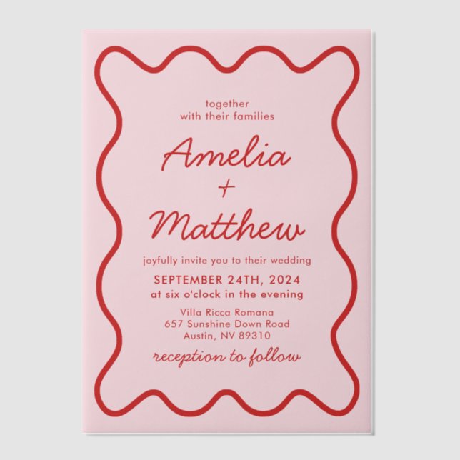 Invitations En Vélin Mariage moderne Wavy rose et rouge Retro Squiggle (Recto)
