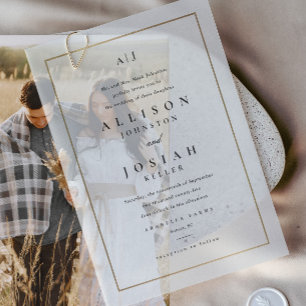 Invitations En Vélin Mariage Superposition de Photo Or Élégant Classiqu