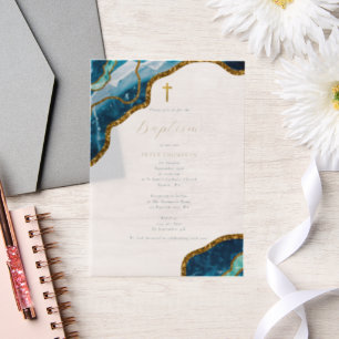 Invitations En Vélin Marine Blue Geode Agate Gold Cross Baptême