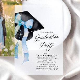 Invitations En Vélin Moderne Elégant tendance Stylish Bleu Bow Graduati