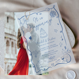 Invitations En Vélin Moderne Français Bleu Quirky Scribble Mariage rétr