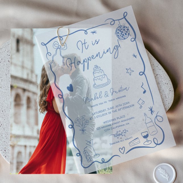 Invitations En Vélin Moderne Français Bleu Quirky Scribble Mariage rétr (Modern French Blue Quirky Scribble Retro Wedding Vellum Invitations)