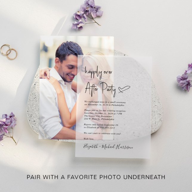 Invitations En Vélin Moderne Heureusement Jamais Après La Réception De  (Elevate your wedding reception invitations with the timeless beauty of vellum overlays)