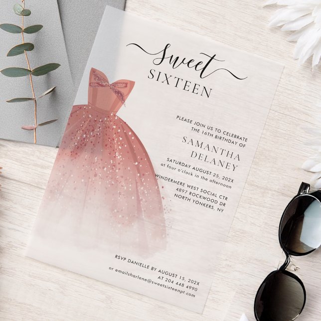 Invitations En Vélin Moderne Sweet 16 Script fête d'anniversaire (Elegant Rose Gold Dress Sweet 16 Birthday Party Invitation)