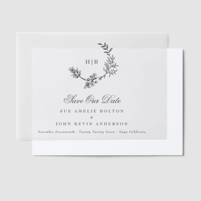 Invitations En Vélin Monogramme Gris Sombre Classique Wreath Enregistre (Compenser)