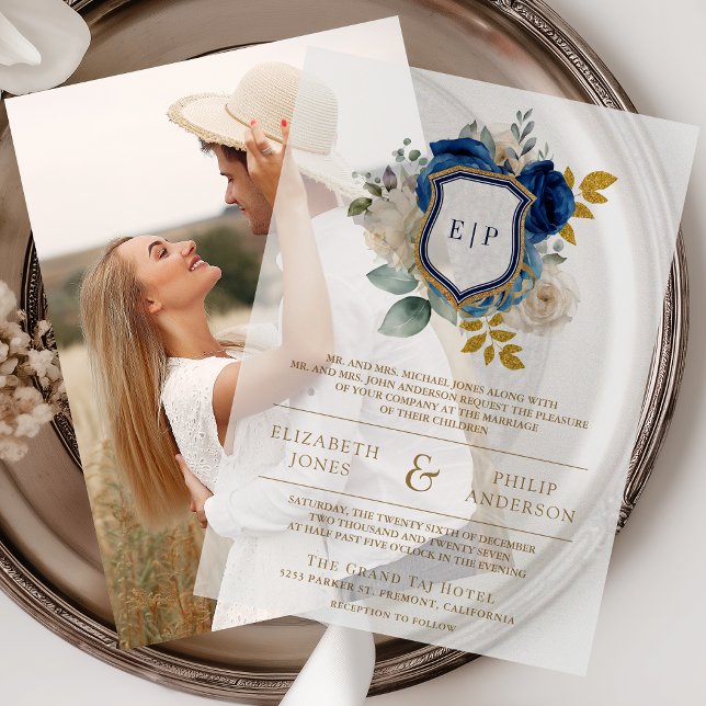 Invitations En Vélin Monogramme Mariage Royal Blue Floral Crest (Créateur téléchargé)