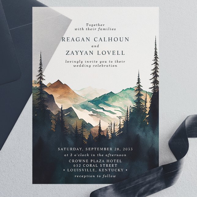 Invitations En Vélin Montagnes Aquarelles Et Mariage De Forêt De Pins (Créateur téléchargé)