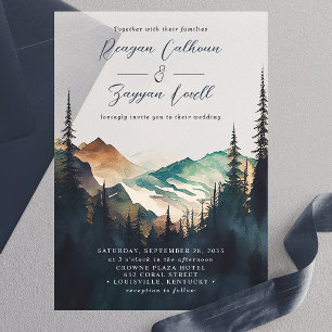 Invitations En Vélin Montagnes Aquarelles Forêt de Pins Écriture Mariag