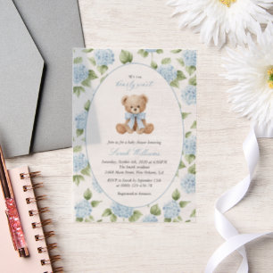 Invitations En Vélin Noun ours en peluche, Nœud bleu, Fleurs bleues, Ba