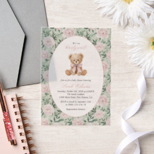 Invitations En Vélin Nounours, Nœud Rose, Fleurs Roses, Baby Shower