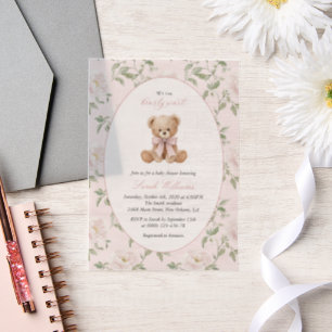 Invitations En Vélin Nounours ours en peluche, noeud rose, fleurs roses