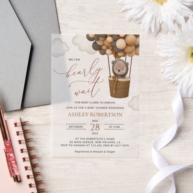 Invitations En Vélin Ours, Ballons Brown, Ballons à air chaud, Baby sho (Mariage)