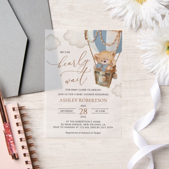 Invitations En Vélin Ours en peluche, Bleu à air chaud, Baby shower (Mariage)