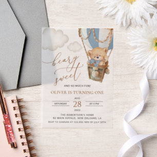Invitations En Vélin Ours en peluche, Bleu à air chaud, premier anniver