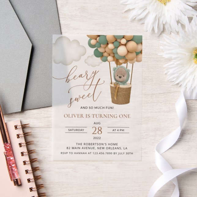 Invitations En Vélin Ours mignon, Ballons verts, Premier anniversaire (Mariage)