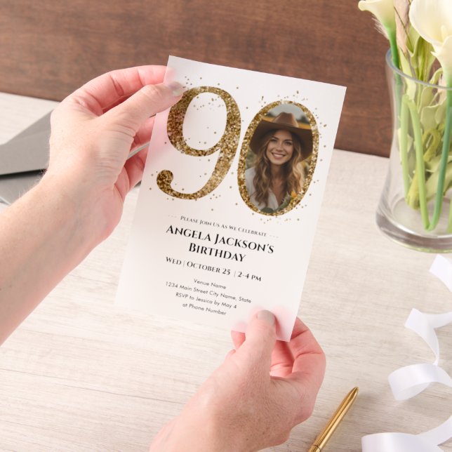 Invitations En Vélin Parties scintillant d'or 90e photo d'anniversaire  (Ordinateur de poche)