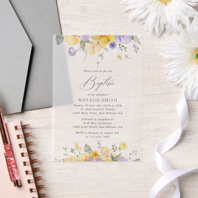 Invitations En Vélin Purple Flowers, Yellow Flowers, Boho, Baptism (Mariage)