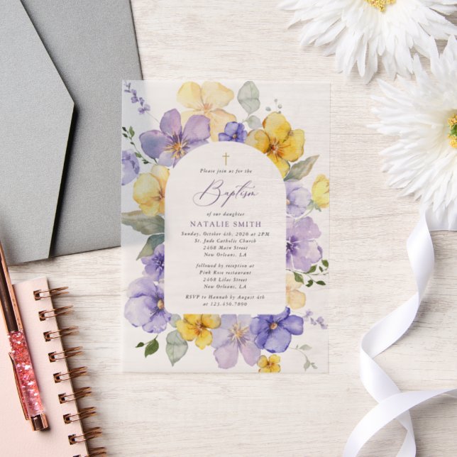 Invitations En Vélin Purple Flowers, Yellow Flowers, Boho, Baptism (Mariage)