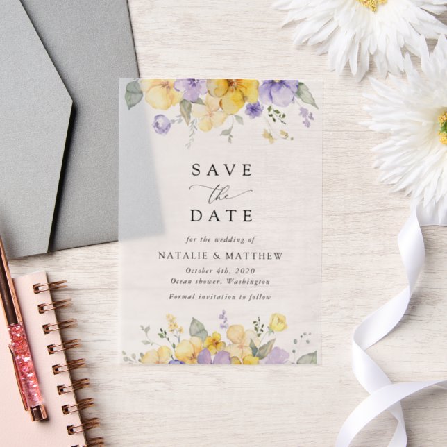 Invitations En Vélin Purple Flowers, Yellow Flowers, Boho Save The Date (Mariage)