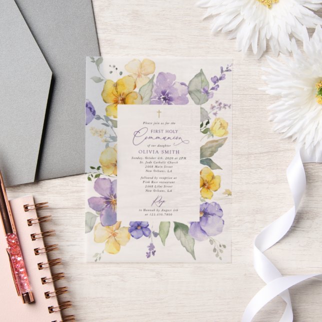 Invitations En Vélin Purple Flowers, Yellow Flowers, First Communion (Mariage)
